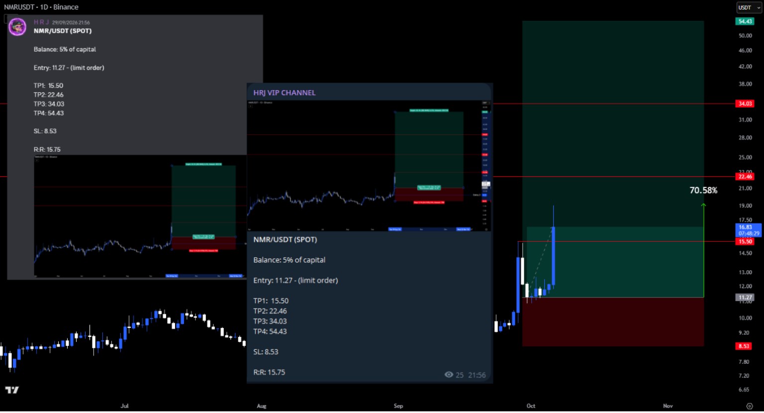 HRJ Trading NMR / USDT spot screenshot: Entry and target levels alongside the daily-chart progression.